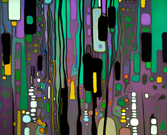 a colorful flat abstract rendering of a field of mostly vertical soft rectilinear designs and wavery black lines in soft 70s pop colors mostly calling to mind an urban landscape