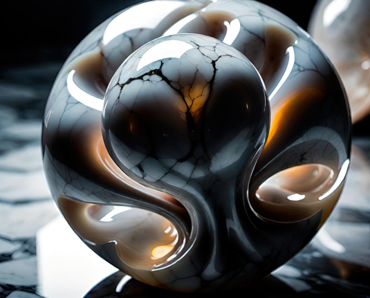 a photographic depiction of a highly polished spherical sample of black-veined marble with numerous organic features