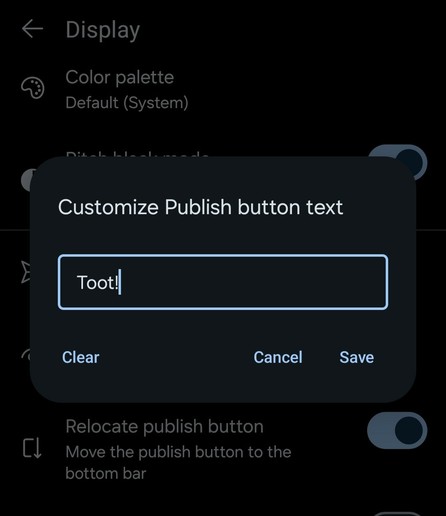 Customize Publish button text dialog box screenshot of the Mastodon client Moshidon being changed to 