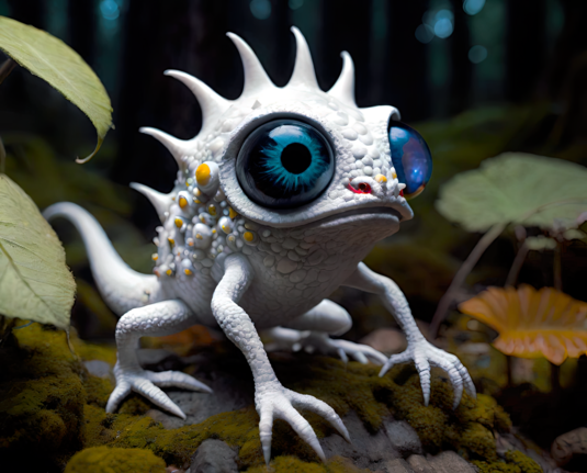 a photographic depiction of an oddly textured sculptural figure of a possible amphibian or reptile with absurdly large eyes on mossy rocks in a forest setting