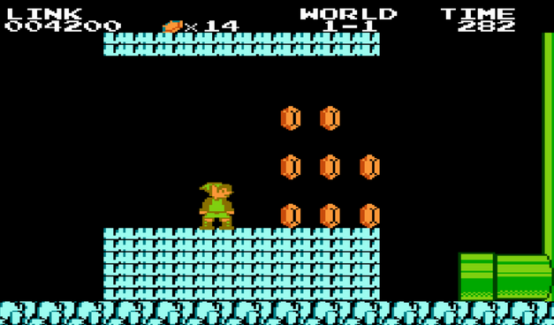 Link from Zelda standing on light blue rocks, black background, orange 'rupees' to his right. A mishmash of Mario and Zelda