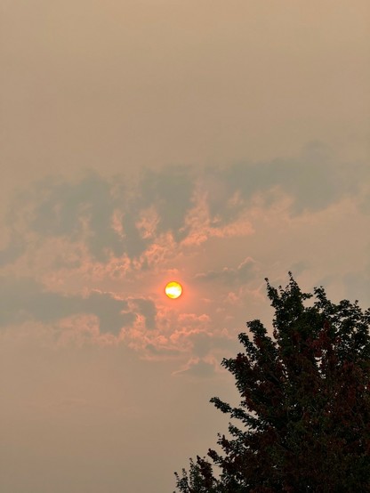 Red sun in a gap between clouds in a hazy sky