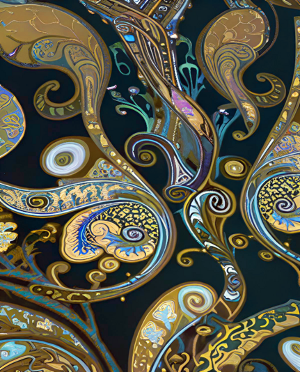 an abstract proto-paisley design dominated by lobe-terminated ribbons in golds with blues on a dark background