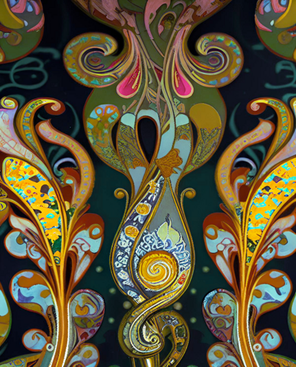 an abstract proto-paisley design of vertical stalk-and-leaf shapes in stong gold and warm accents on a lark background