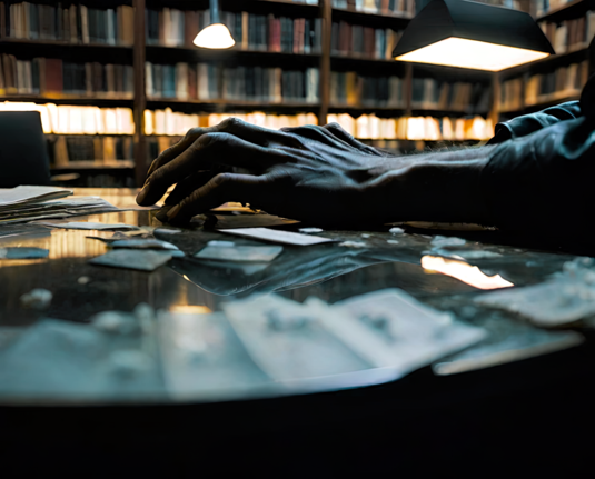 a photographic depiction of a pair of (presumably attached, humanoid) gnarled hands on a cluttered tabletop in a public library after hours