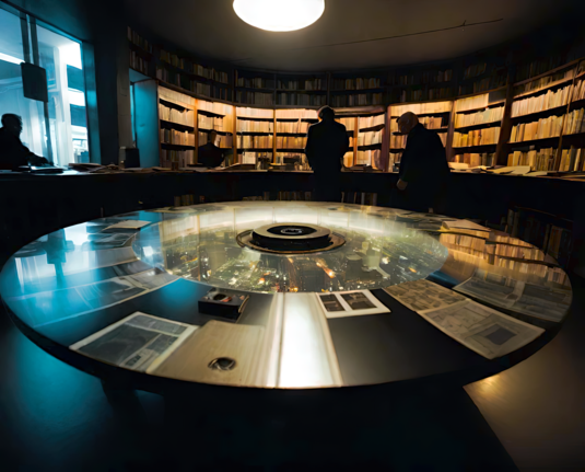 a photographic depiction of a special collections/records room in a public library after hours with numerous shadowy human figures and a central round table, precluttered by design