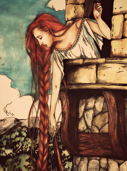 A drawing of a woman leaning out of a window, her long hair braided into a rope and hanging down to the bottom of the picture