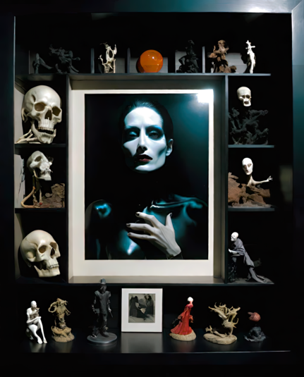 a photographic depiction of framed display shelves containing humanoid skull shapes and small figurines around a central framed flat image of a humanoid bust