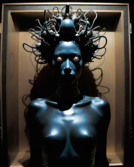 a photographic depiction of a display frame (barely) containing a sculptural humanoid head and nude partial torso with an odd headdress, all rendered in a dark material