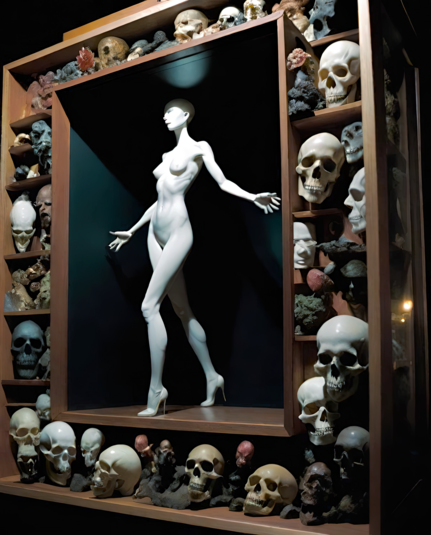 an oblique photographic of a display frame featuring miniature humanoid skulls in a square ring around a central nude humanoid figurine