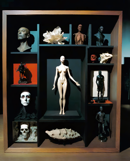 a photographic depiction of a set of framed display shelves with cubbies containing humanoid (and occasionally skeletal) sculptural elements around a central nude doll-like humanoid figurine