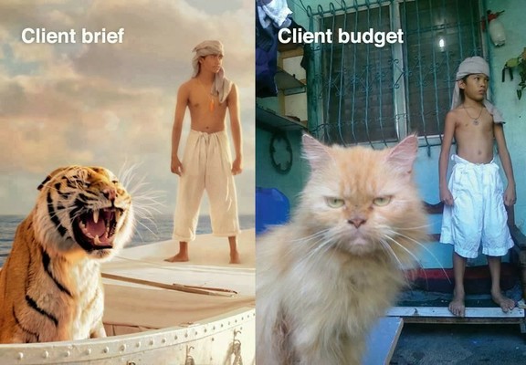 Left - client brief: poster for Life of Pi, with a boy on a boat, surrounded by water, with a menacing tiger
Right - client budget: a young Asian boy in a bathroom (?) with a grumpy cat