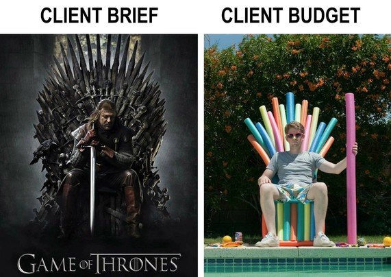 Left - client brief: poster for Game of Thrones, with the famous swords throne and the king
Right - client budget: a young man near a pool on a plastic chair, surrounded by multicolor foam tubes / swim noodles