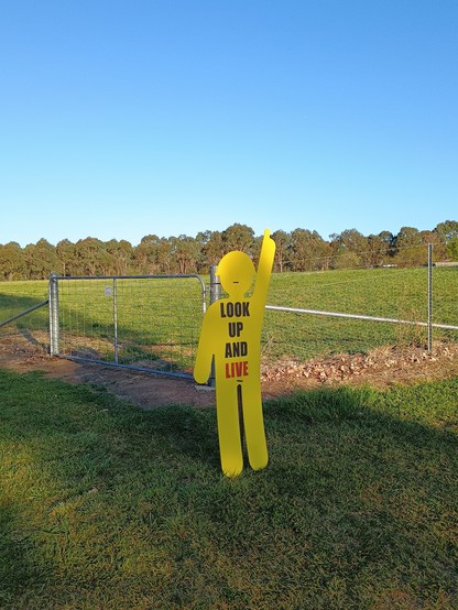 A yellow sign in the shape of a person pointing upwards with the words: Look up and live! In the background is a field with eucalyptus trees in the background and a bright blue sky above.