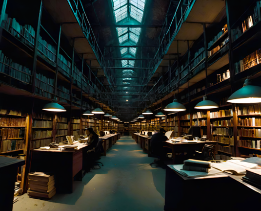 a photographic depiction of an open path between rows of cluttered desks, some occupied, after hours in a warehouse-like library space