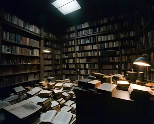 a photographic depiction of a desk in a room in a library, after hours, with packed shelves and cluttered surfaces--even the floor--with books and parts of books