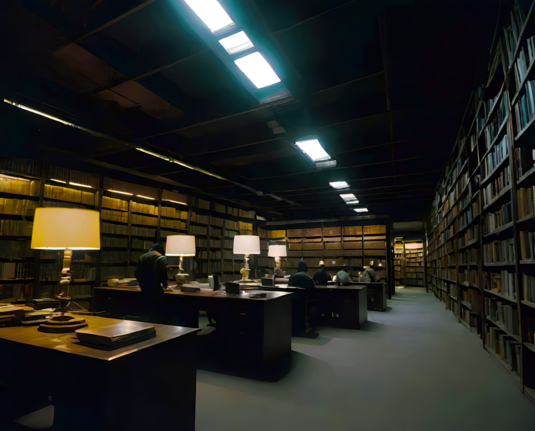 a photographic depiction of a library room with a row of study desks, some occupied, and a refreshingly clear path to walk by them