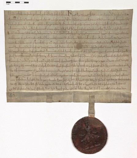 Parchment document from 1250 with handwriting and a large royal seal attached. 