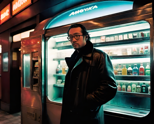 an oblique photographic depiction of a humanoid individual standing in front of outdoor food vending equipment in a nighttime urban setting