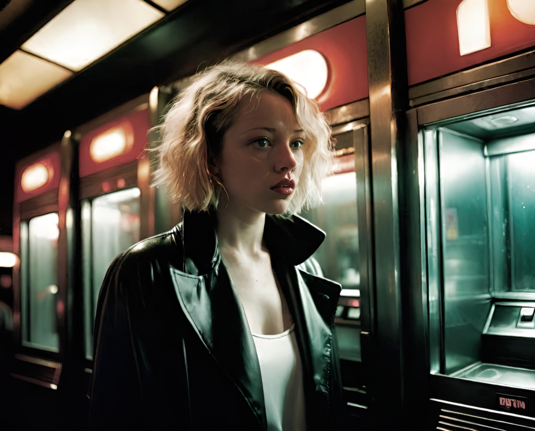 an oblique photographic depiction of a humanoid individual walking past a row of vending machines in a nighttime outdoor urban setting