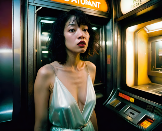 a photographic depiction of a humanoid individual taken from the viewpoint of the indoor automated vending machine that she is studying