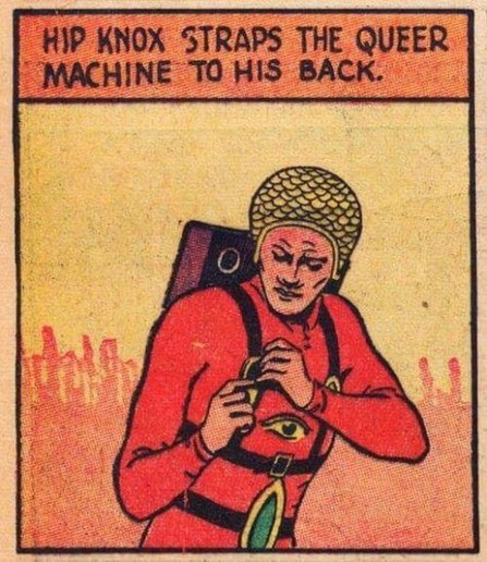 Panel from a vintage comic book featuring Hip Knox the hypnotist. He's a slim man wearing a red skintight suit with the image of an eye on the lower chest. His headgear is shaped like a shower cap and covered in scales. On his belt is a tall green oval that looks vaguely like a vagina. In the panel, he ties a box onto his back with straps. Text reads: 