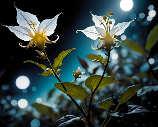 a photographic depiction of a close-up of a bifurcated stem of a fantasy nightshade relative strangely topped by white orchid-like flowers against a nighttime background with indistinct light sources