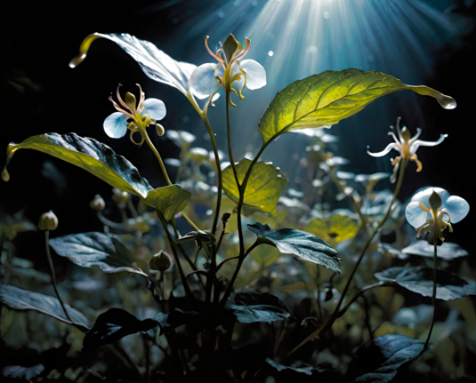 a photographic depiction of a fantasy nightshade relative with strange orchid-like blooms in a nighttime setting