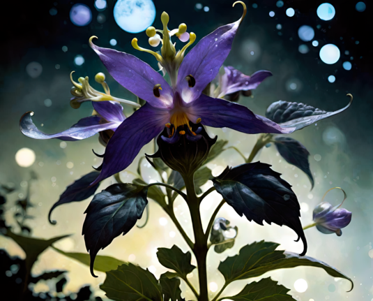 a photographic depiction of a supposed plant in the nightshade family sporting a large purple orchid-like bloom