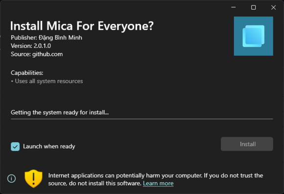 App installer for the app Mica For Everyone on Windows 11. It shows the relevant details of the app, and a warning on installing applications downloaded from untrusted sources.