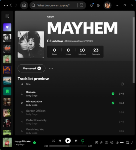 Spotify's user interface on Windows showing the tracklist for Lady Gaga's 8th studio album MAYHEM and a countdown with 10 minutes and 23 seconds left.