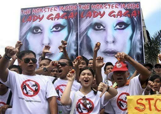 A religious group protesting against Lady Gaga during the Manila leg of her Born This Way Ball Tour in 2012.