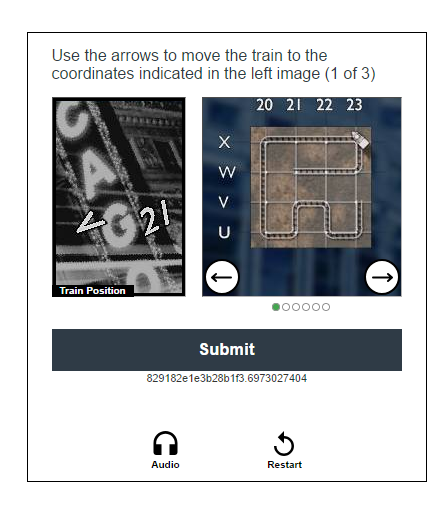 Recaptcha found in the wild: Use the arrows to move the train to the coordinates indicated in the left image. The left image shows a letter and a number rotated in random directions and overlaid on top of a grayscale image. The right half is a slideshow of images with a grid annotated with letters on its rows and numbers on its columns. The grid is drawn on with a railtrack and a train.