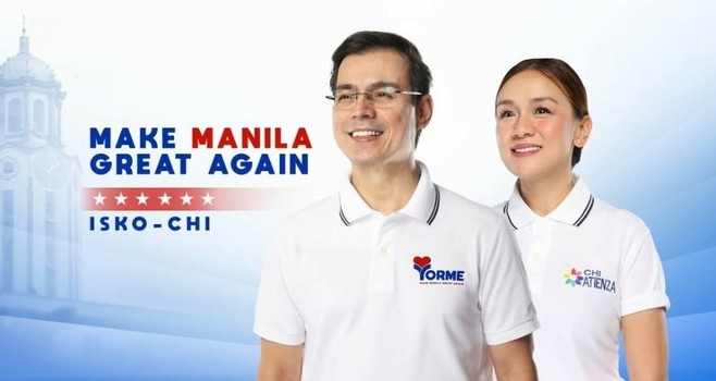 Former Manila City Mayor and mayoral re-electionist candidate Isko Moreno's tagline: "Make Manila Great Again".