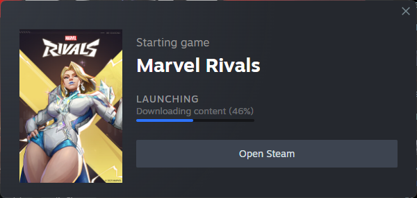 Steam user interface showing the game Marvel Rivals downloading content at 46%. To the left is the game's poster featuring the new season's new character Emma Frost.