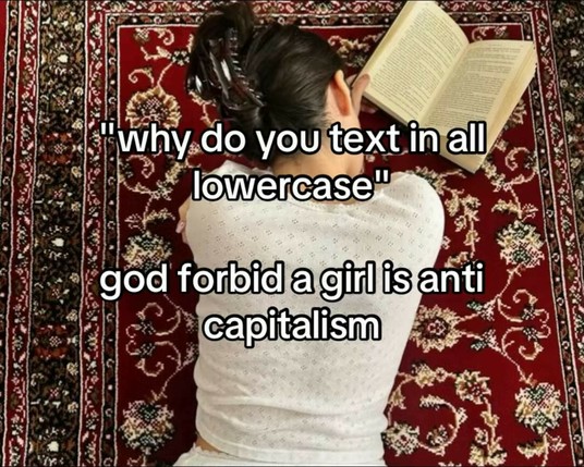 "why do you text in all lowercase"

god forbid a girl is anti capitalism