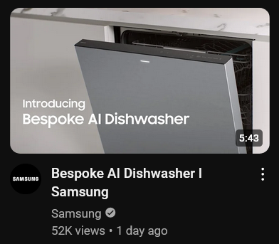 YouTube thumbnail for Samsung's video: Bespoke AI Dishwasher.