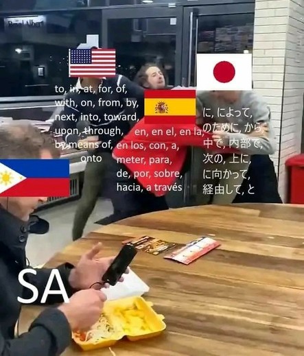 Languages (English, Spanish, and Japanese) fighting a royal rumble with each other with the number of different prepositions available in them.

Then you have the Filipino language on the side chilling and listening to music because it only has one preposition ("sa").