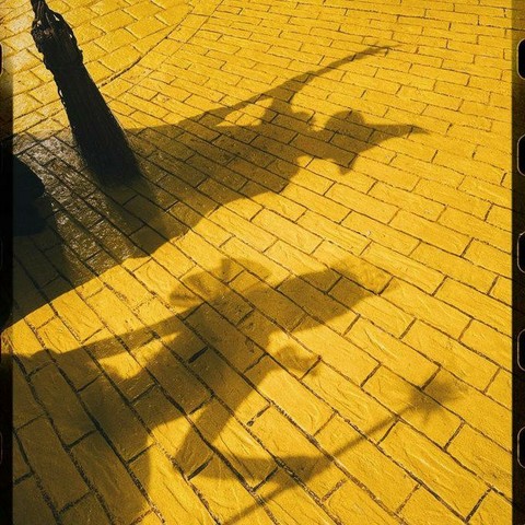Shadows of Elphaba and Glinda on the yellow brick road.