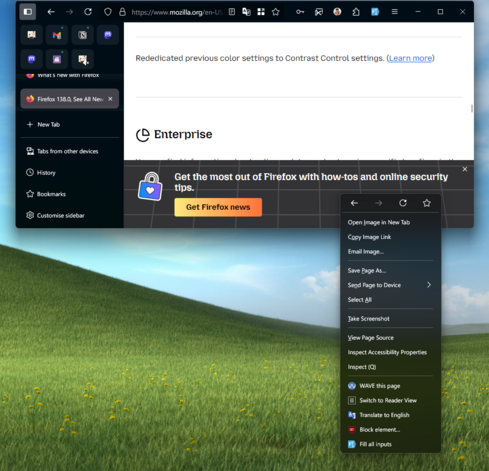 The new context menu for Firefox. The background of the context menu is ever so slightly translucent, letting through a blurred image of what's behind it.