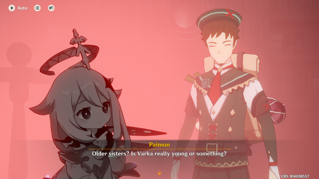 Paimon saying "Older sisters? Is Varka really young or something?" Behind her is her imagination of what Varka might look like: a young twink in an adventurer uniform.