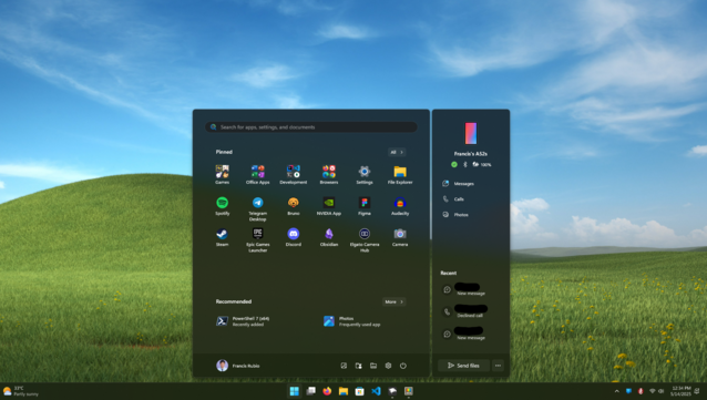 Windows 11 Start Menu with the new integrated Phone Link sidebar.