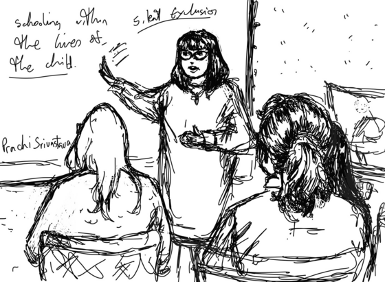 Black and white cariciature of a woman in glasses and short bob (Prof Prachi Srivastava) in front of and pointing to a whiteboard with the words 'schooling within the lives of the child - silent exclusion' addressing an audience. The backs of two young women in chairs facing her are shown.

Illustration by Kalifa Damani.