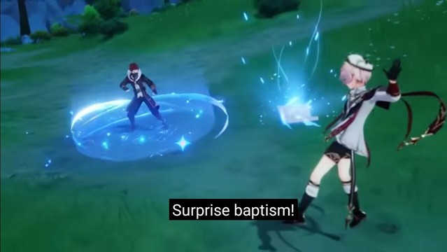 Dahlia, a new character from Genshin Impact. When he places his elemental skill, he says "Surprise baptism!"