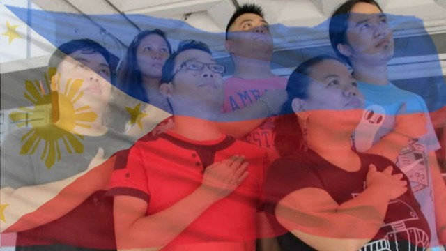 Six Filipinos placing their hand on their chest while a waving Philippine flag fades into the scene.