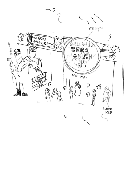 Quick and dirty cartoon b/w, a pastiche of "Humanitarian city." by Tjeerd Royaards (see https://assets.newsie.social/media_attachments/files/114/857/485/036/835/792/original/34bf477f307c6642.jpg), showing a wall with a sign that reads 'Fort Gaza Hamas City'. Superhuman Hamas fighters are forcing Palestinians to stay behind a wall and fence. Above the gate is a giant sign saying 'Zero Allah but Alla'. Under one of the fighters is a sign that reads ‘Jews, are, dead’.
