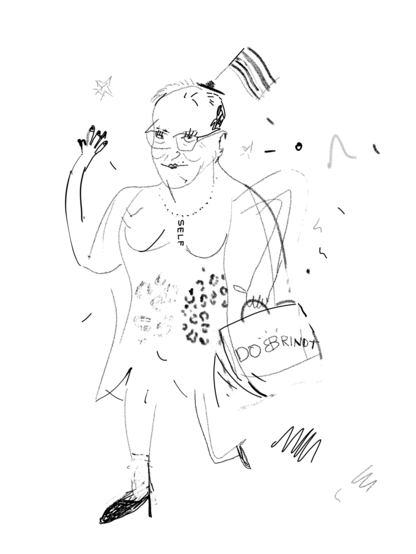 Das Bild zeigt eine Zeichnung, karikaturesk, schwarze Linien und Flächen auf Weiß, ein vermutlich männlicher Kopf mit einer Ähnlichkeit mit dem Innenminister der BRD Dobrindt auf einem üppigen Körper im Kleid, erkennbarer Busen, tänzelnd, Modetäschchen, Stöckelschuhe, Hütchen mit Regenbogenfahne, rechts ein angedeutetes Leopardenmuster, eine Kette mit Anhänger "Self".