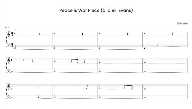 The image shows a sheet of music entitled "Peace is War Piece (àla Bill Evans)" by IG Metal, a 3/4 bar beginning with a half note pause, then a C2 (on the keyboard) for three bars, followed by a half note C3, then E, C4, and so on; the exact sequence of notes cannot be reproduced in the alt text.