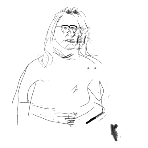 Bild: Schwarzweißzeichnung, eine sprechende Frau mit Brille, vier Augen.