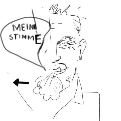 Bild: Zeichnung, schwarzweiß, comicartig, ein männliches Gesicht frontak, rechts wie abgeschnitten, Bart, Blick geradeaus, hustet, Schwitzapritzer, Sorwchblase mit "Meine Stimme", ein Pfeil nach rechts, von der Betrachterin aus nach links.